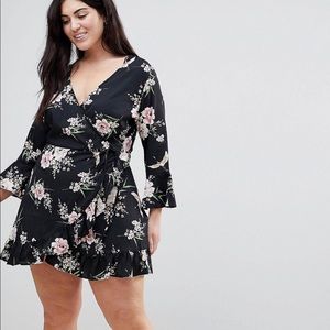 ASOS CURVE Floral and Bird Print Ruffle Wrap Dress